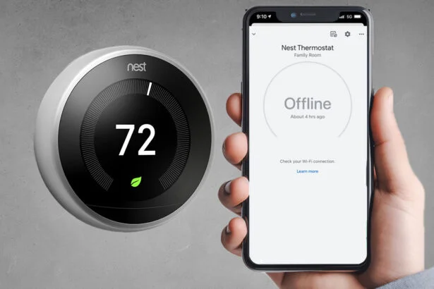 Screenshot of a Nest Thermostat Offline in App status in the app, with troubleshooting steps displayed for resolving connectivity issues.