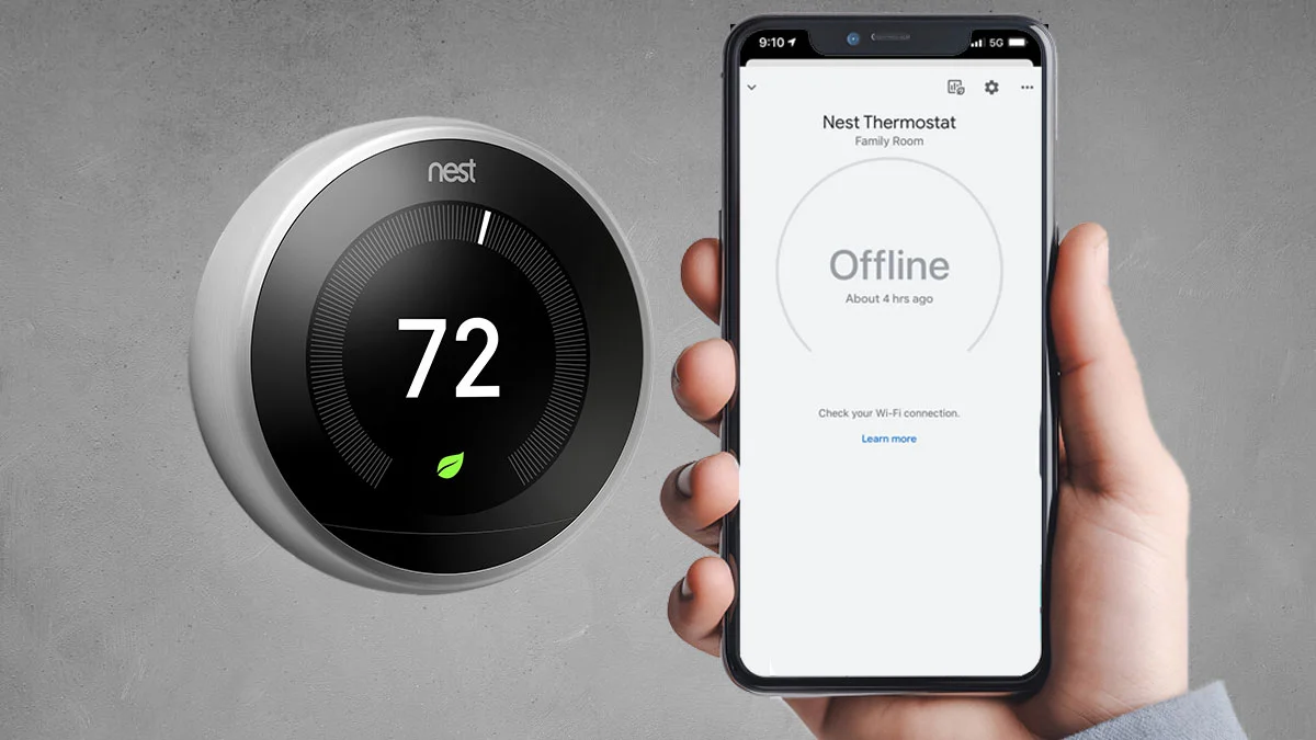 Screenshot of a Nest Thermostat Offline in App status in the app, with troubleshooting steps displayed for resolving connectivity issues.